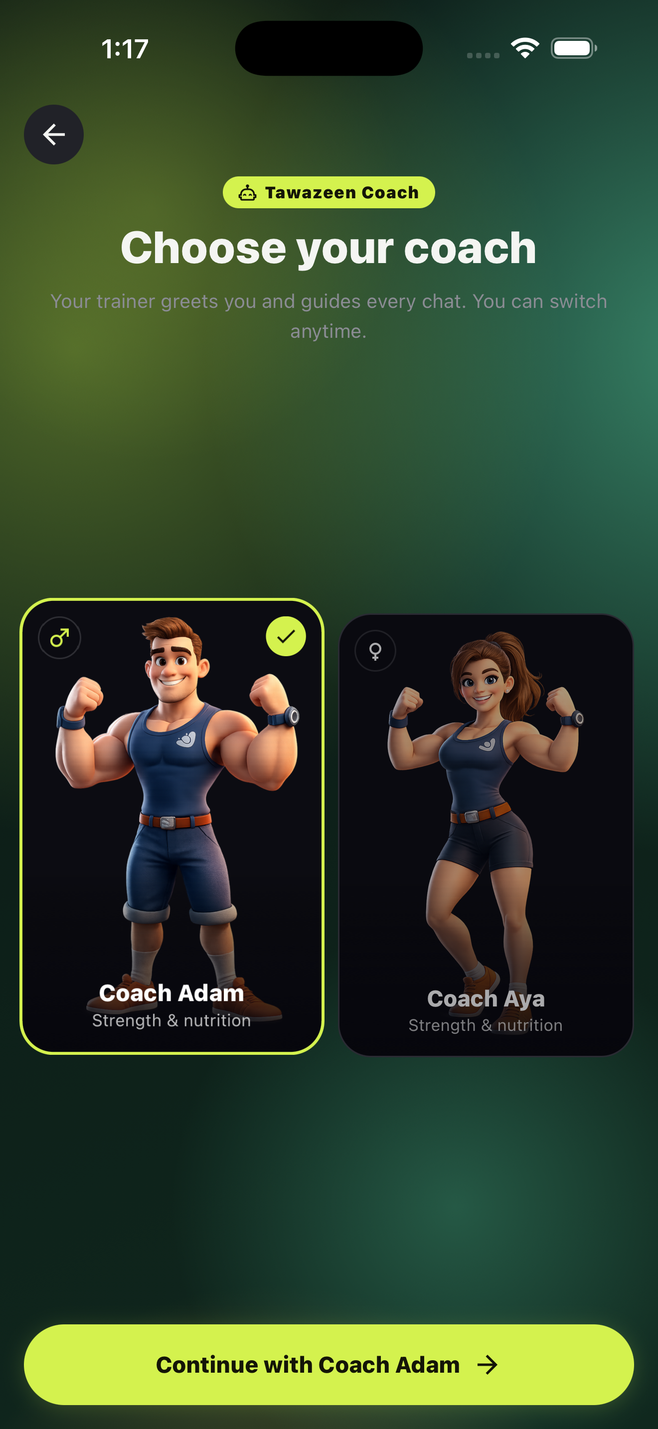 Choose your coach screen with Coach Adam and Coach Aya
