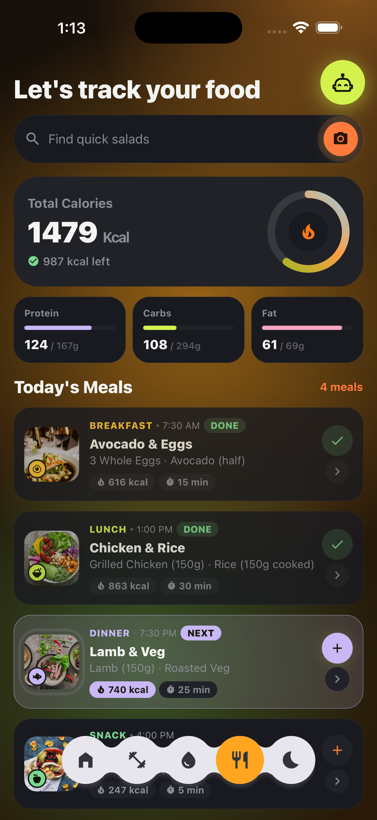 Food screen showing total calories, macros and today’s meals