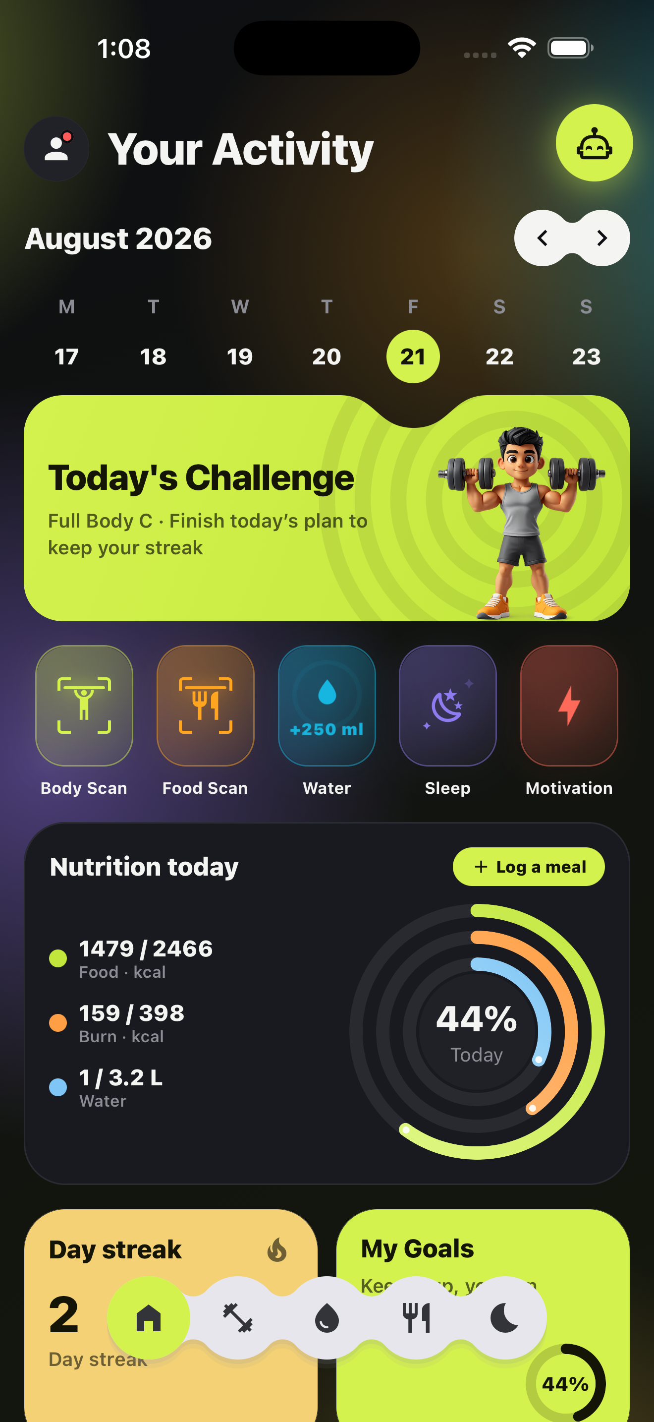 Tawazeen home screen showing today’s challenge, day streak and nutrition rings