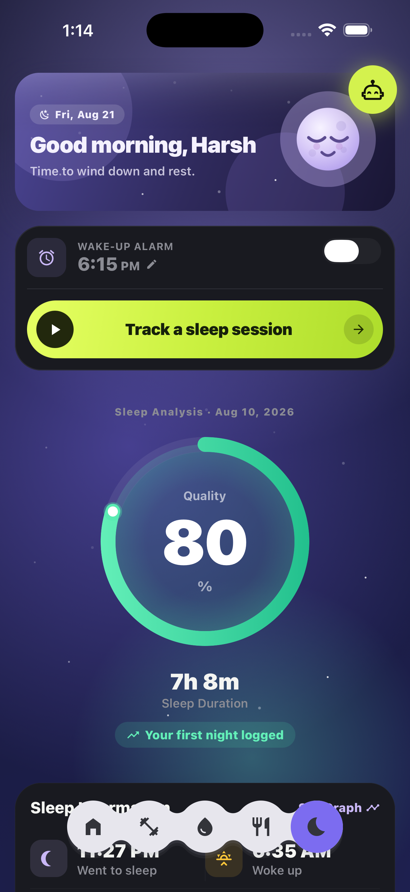 Sleep screen with an 80 percent quality ring and 7h 8m duration