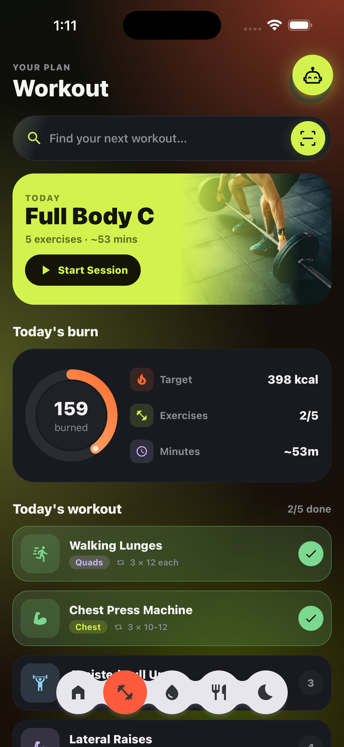 Workout screen with rest day card and Scan your gym plan builder